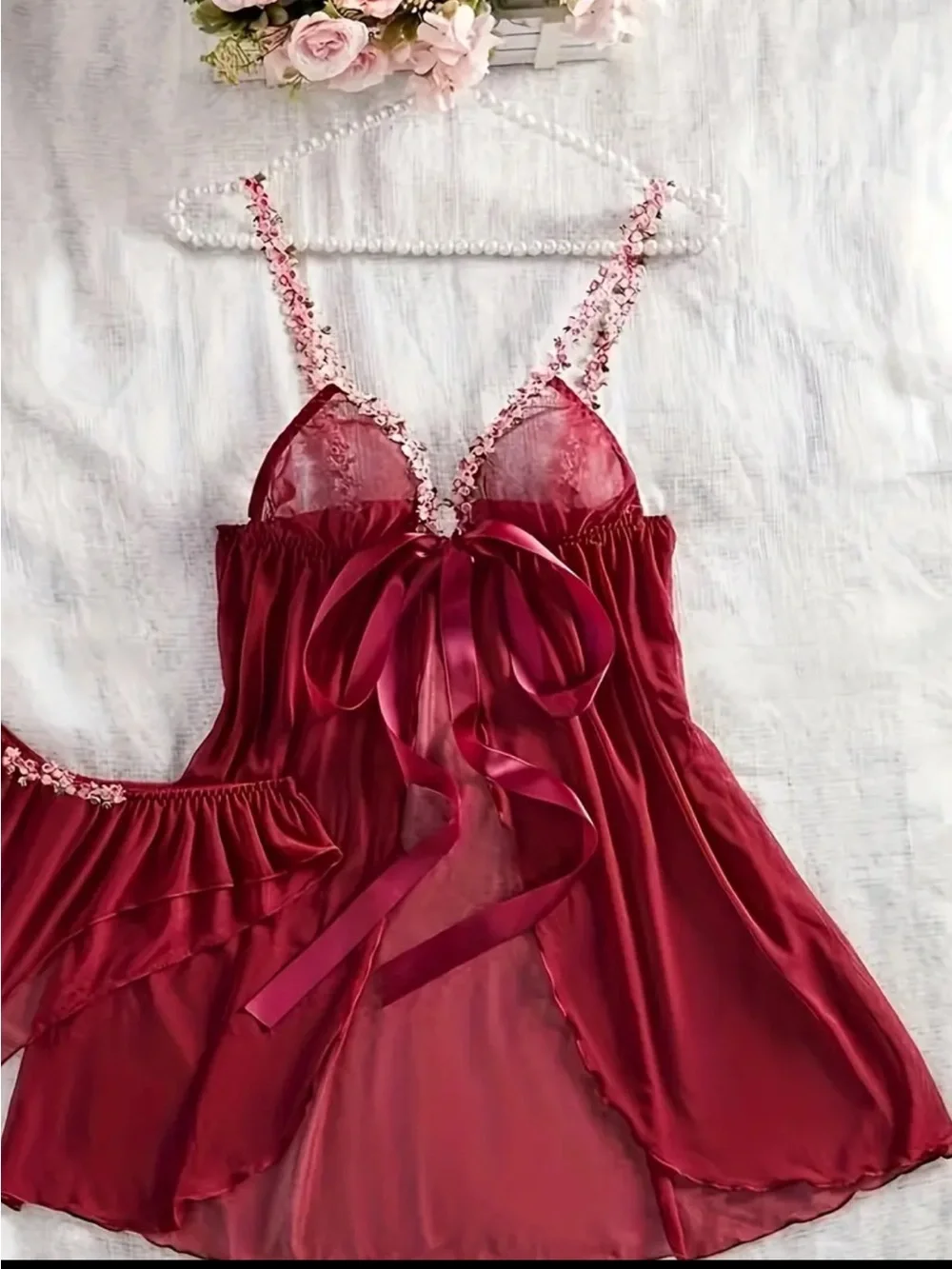 Sheer Floral Trim Red Babydoll Lingerie with Matching Panty Set Size 8/10